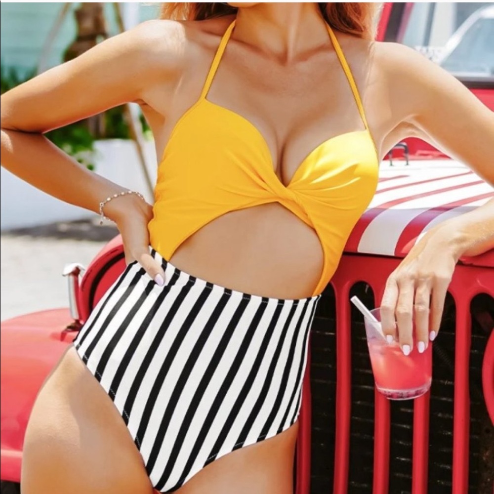 Yellow & Stripe Lace Up One Piece Swim Suit